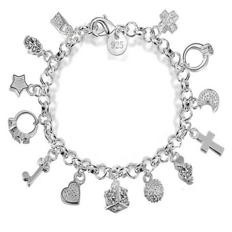 925 Sterling Silver Charm Bracelet 13 Pendant Chain Jewelry for Women