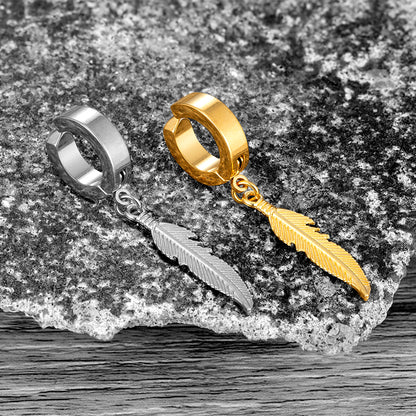 1 Pair Stainless Steel Feather Ear Clip For Man Women Korean Fashion Design Leaf Hoop Earrings Punk On Drop Piercing Ear Jewelry