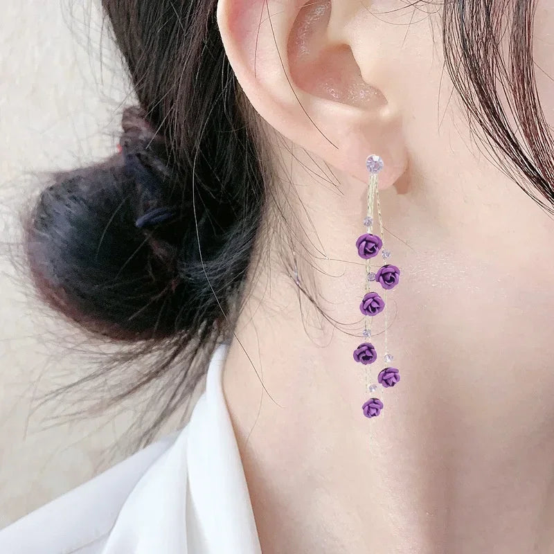 Trendy Rose Tassel Earrings for Women Alloy Rhinestone Eardrops