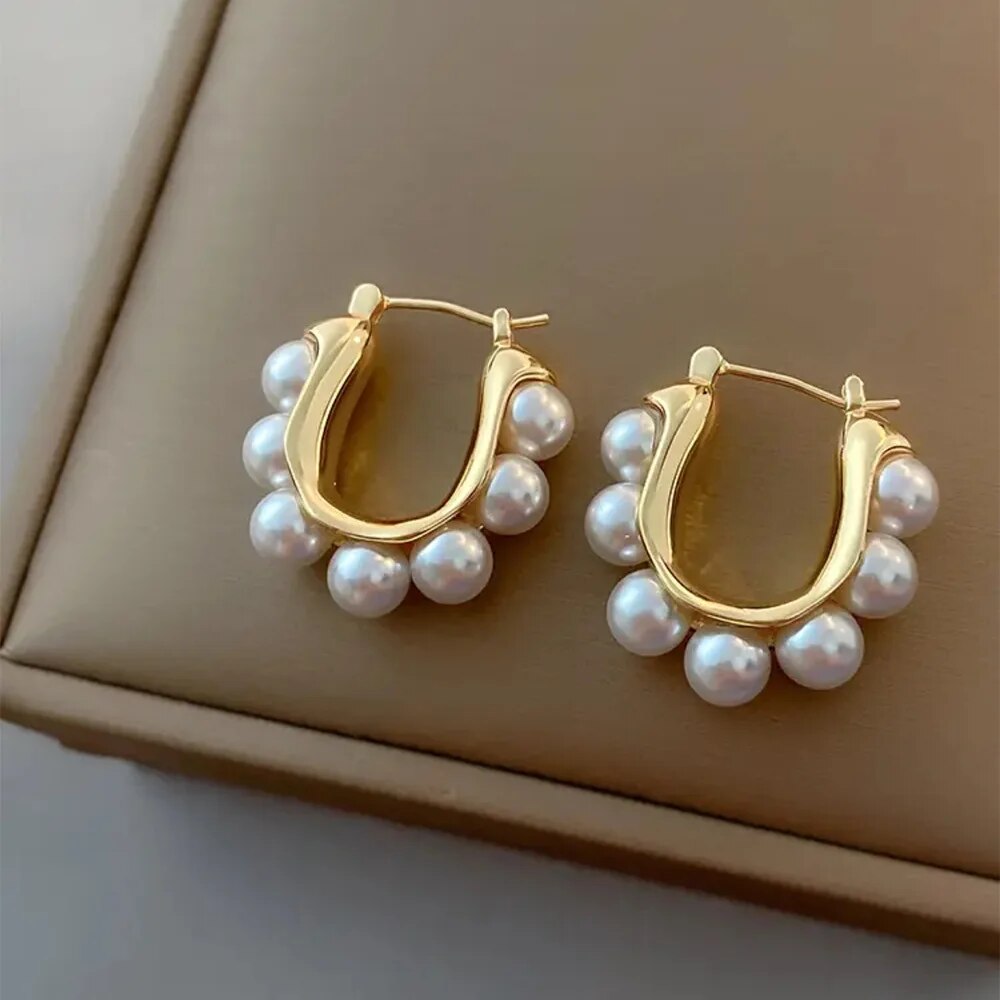 U-Shaped Hoop Earrings Gold Imitation Pearl Wedding Jewelry