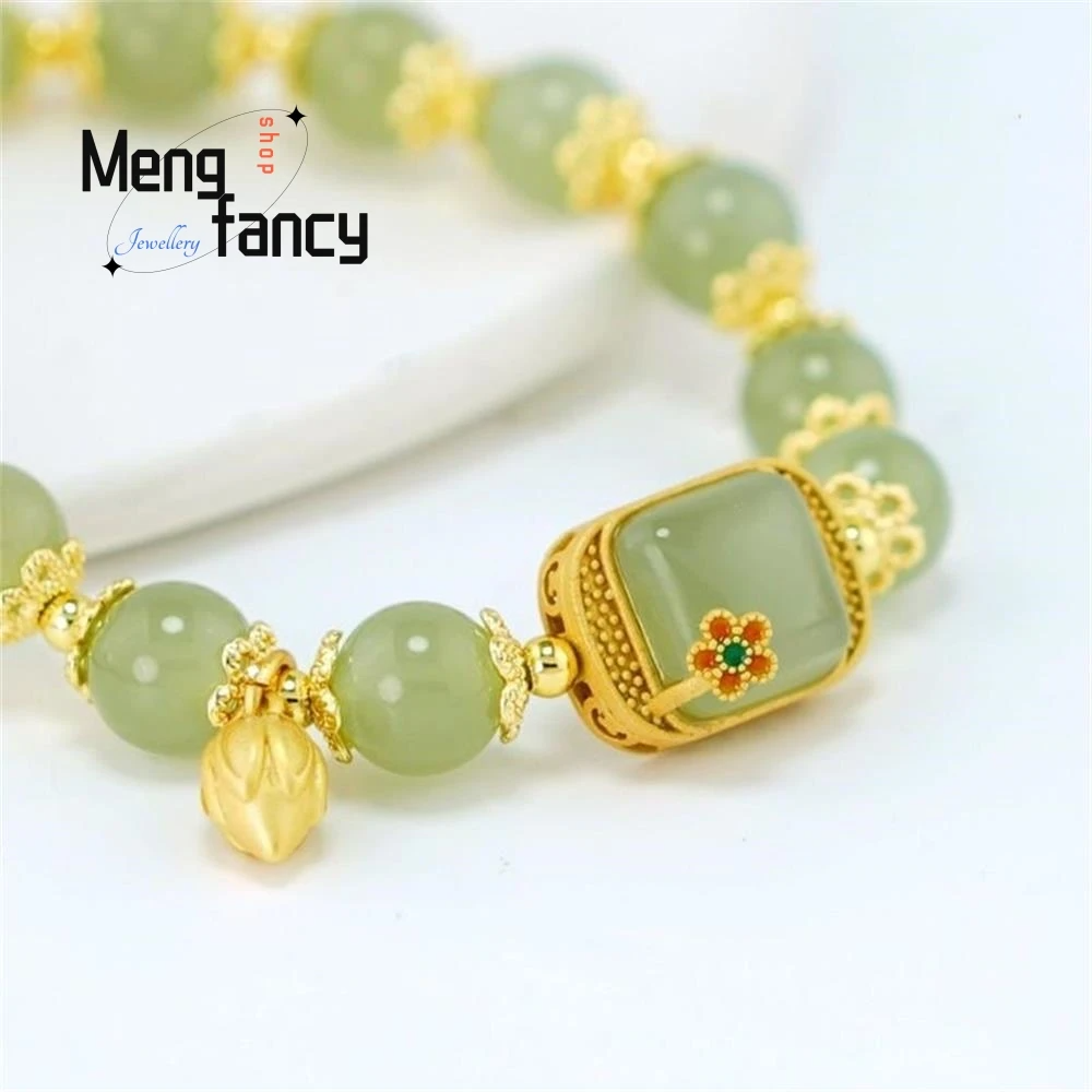 Natural Hetian Jade Square Lotus Bracelet Elegant Retro Chinese Jewelry