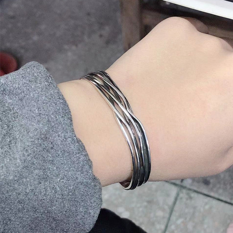 Retro Wave Braided Bracelet 925 Sterling Silver Geometric Bangle