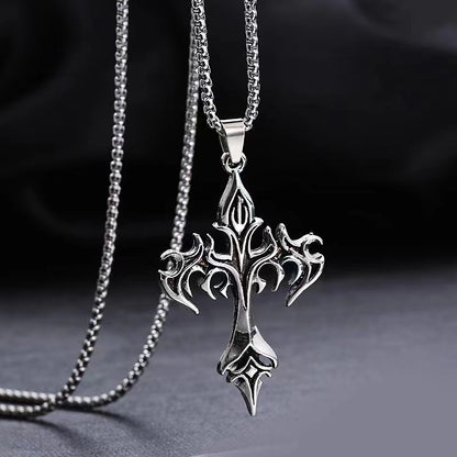 Flame Retro Cross Stainless Steel Pendant Necklace for Men and Women