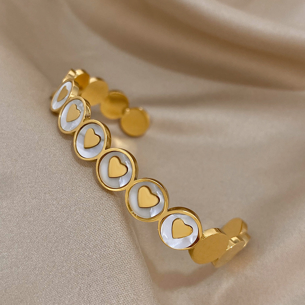 ALLYES White Shell Heart Cuff Bracelet Gold Stainless Steel Jewelry for Women