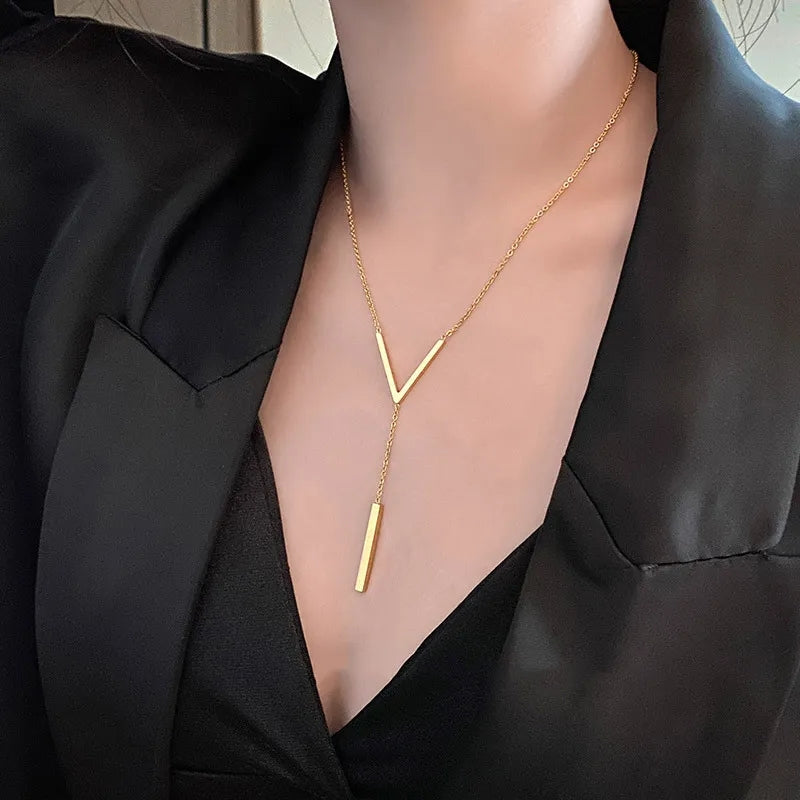 Stainless Steel V Shape Stick Pendant Necklace for Women Ladies Dainty Long Chain Necklace Party Jewelry