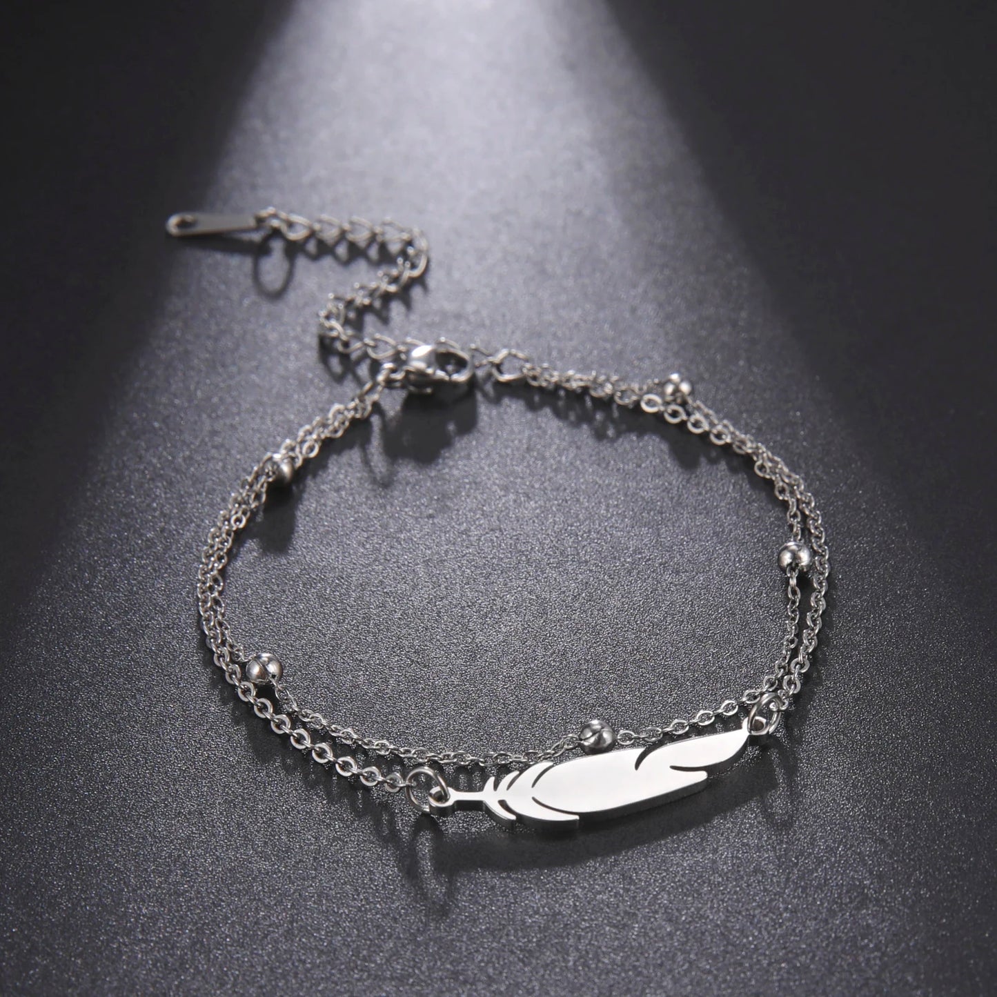 Feather Bead Double Layer Anklet Stainless Steel Gold & Silver Jewelry