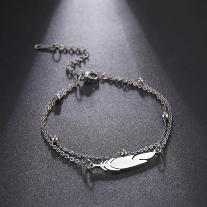 Feather Bead Double Layer Anklet Stainless Steel Gold & Silver Jewelry