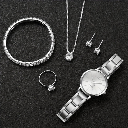 6PCS Women's Quartz Watch Set Stainless Steel Diamond Wrist Jewelry