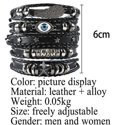 5pcs Evil Eye Wing Star Diy Braided Punk Style Bracelet Set, Featuring Pu Leather And Beads