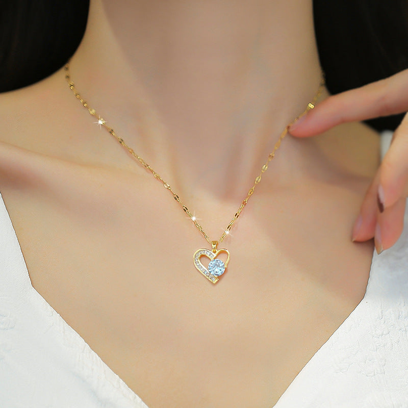 316L Stainless Steel Asymmetrical Heart Zircon Pendant Necklace For Women New Luxury Girls Clavicle Chain Jewelry Gifts