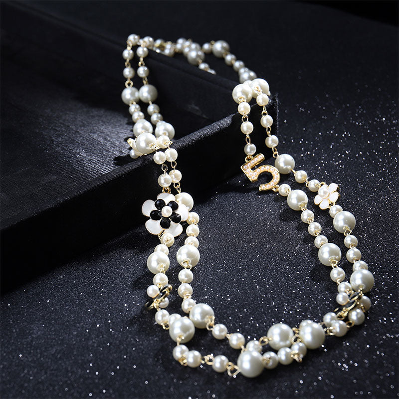 long pendants layered Camellia pearl necklace collares de moda flower party jewelry