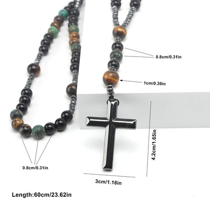 Natural Stone Africa Turquoise and Tiger-eye Beads Cross Pendant Necklace Rosary for Men and Women