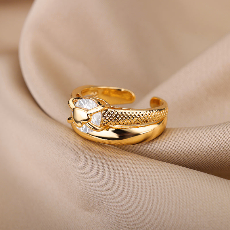 Gold Plated Heart Ring Adjustable Stainless Steel Women’s Jewelry