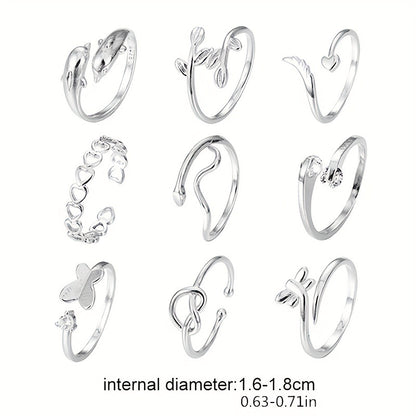 Bohemian 9-Piece Adjustable Toe Ring Set Snake, Butterfly & Dolphin Designs