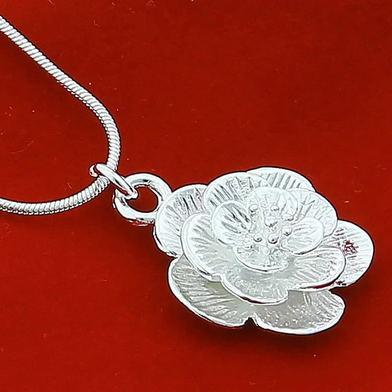 Silver Rose Flower Pendant Necklace with Snake Chain – 18/20/24/26/30 Inch