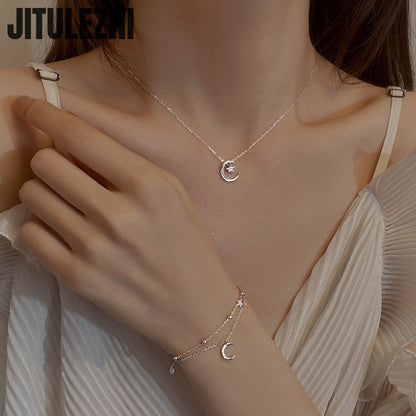 925 Sterling Silver Star & Moon Bracelet Double-Layer Women’s Jewelry