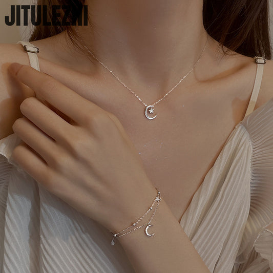 925 Sterling Silver Bracelet For Women Double-layer Star Moon Bracelet Women's Folding Design Sense Summer Star Moon Star Bracel