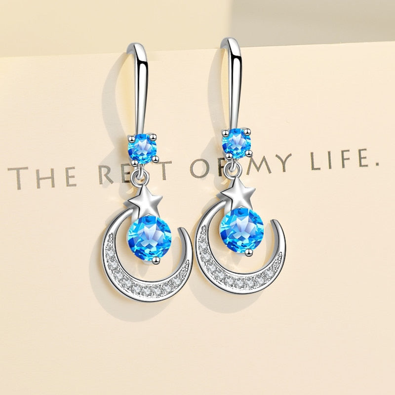 Women’s Star Moon Dangle Earrings Pink, Blue & White Artificial Stones