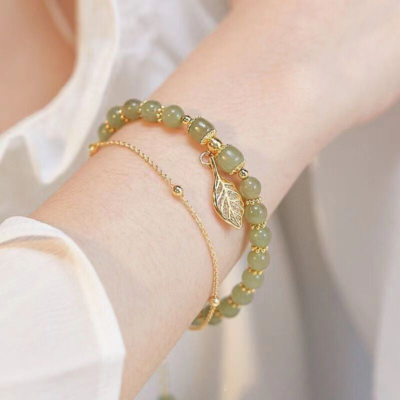 Green Jade Double Chain Bracelet Gold Leaf Women’s Jewelry