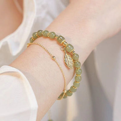 Green Jade Double Chain Bracelet Gold Leaf Women’s Jewelry