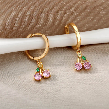 Crystal Fruit Cherry Drop Earrings For Women Stainless Steel Pink Cherry Earring Femme Fairy Fashion Boho Jewerly Gift 2023
