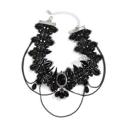Lacteo Gothic Black Lace Choker with Crystal Beads Y2K Necklace