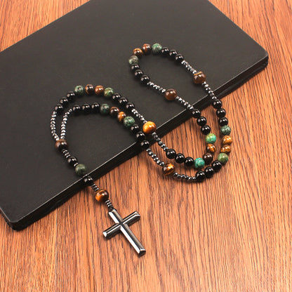 Natural Stone Africa Turquoise and Tiger-eye Beads Cross Pendant Necklace Rosary for Men and Women