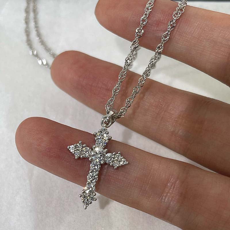 Women’s Punk Cross Necklace Shiny Zircon Thin Chain Jewelry