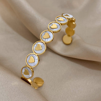 ALLYES White Shell Heart Cuff Bracelet Gold Stainless Steel Jewelry for Women