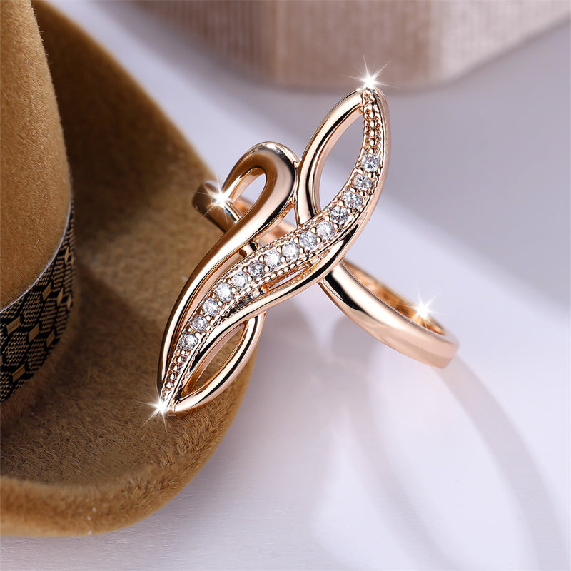 Unique Infinity Rings For Women Geometric Tree Leaf Wedding Bands Champagne Gold Color White Zircon Cocktail Ring Party Jewelry
