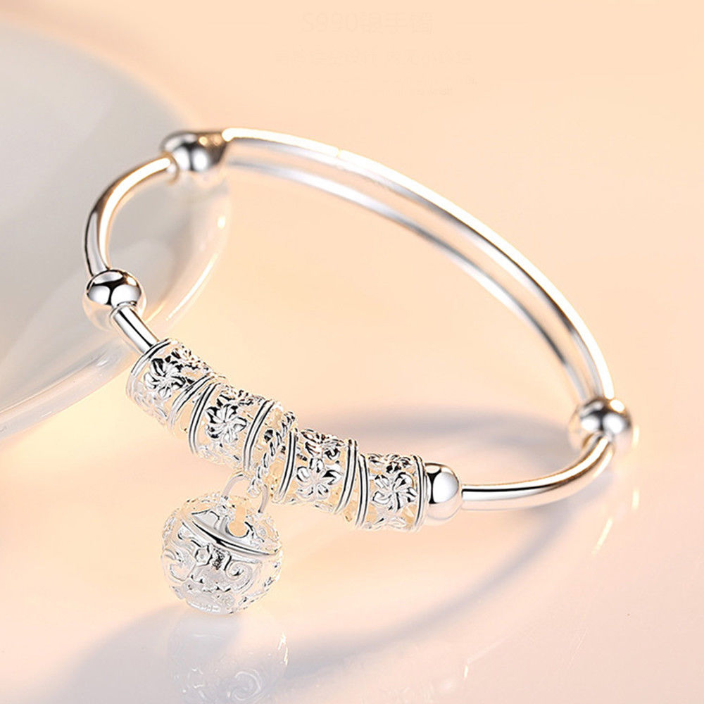 925 Sterling Silver Hollow Bell Adjustable Bangle for Women