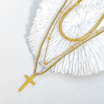 316L Stainless Steel New Fashion Upscale Jewelry 3 Layer Beaded Cross Charms Thick Chain Choker Necklaces & Pendants For Women