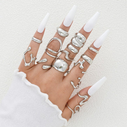 15PCS Retro Gold & Silver Lava Line Irregular Rings Set for Women