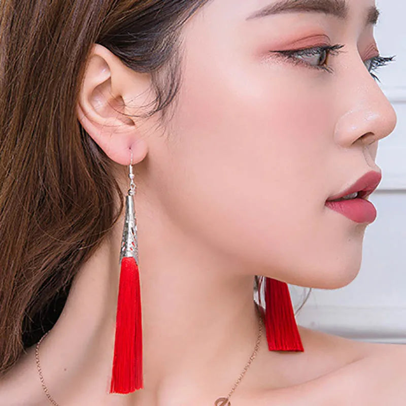 Bohemian Tassel Long Earrings White Red Silk for Women
