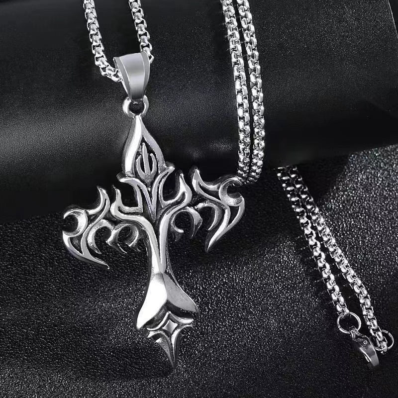 Flame Retro Cross Stainless Steel Pendant Necklace for Men and Women