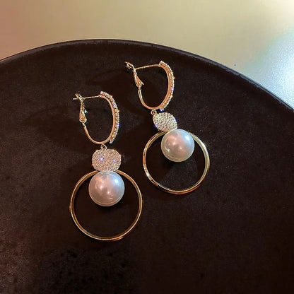 Korean Oversized White Pearl Drop Earrings Bohemian Zircon Jewelry
