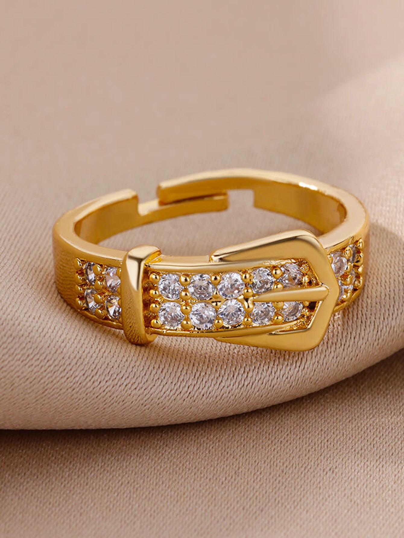 Zircon Belt Open Ring Gold Stainless Steel Unisex Wedding Jewelry