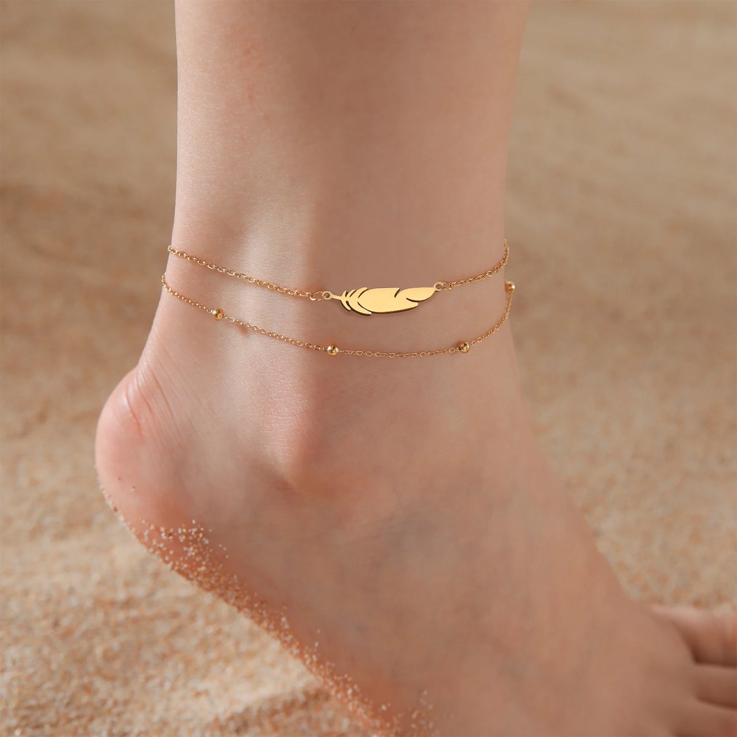 Feather Bead Double Layer Anklet Stainless Steel Gold & Silver Jewelry