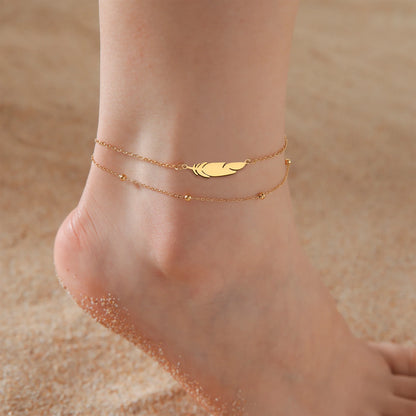 Feather Bead Double Layer Anklet Stainless Steel Gold & Silver Jewelry
