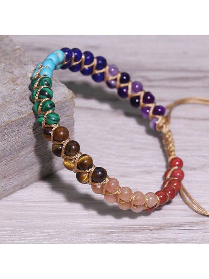 1pc Bohemian Style Handmade Natural Stone Chakra Anklet With 7 Stone And Adjustable Double Strands For Women
