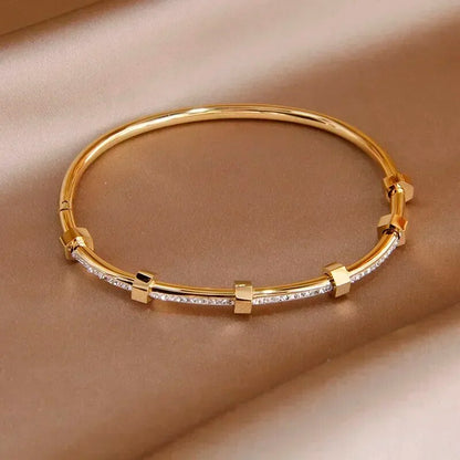 Trendy Round Cubic Zirconia Bangles For Women Men Gold Color Silver Color Stainless Steel Crystal Bangle Party Jewelry