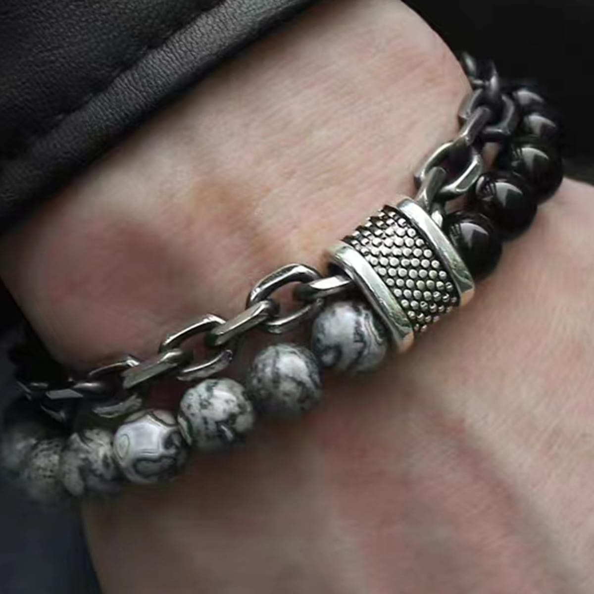 Punk Black Beaded Bracelet for Men Natural Stone Chain