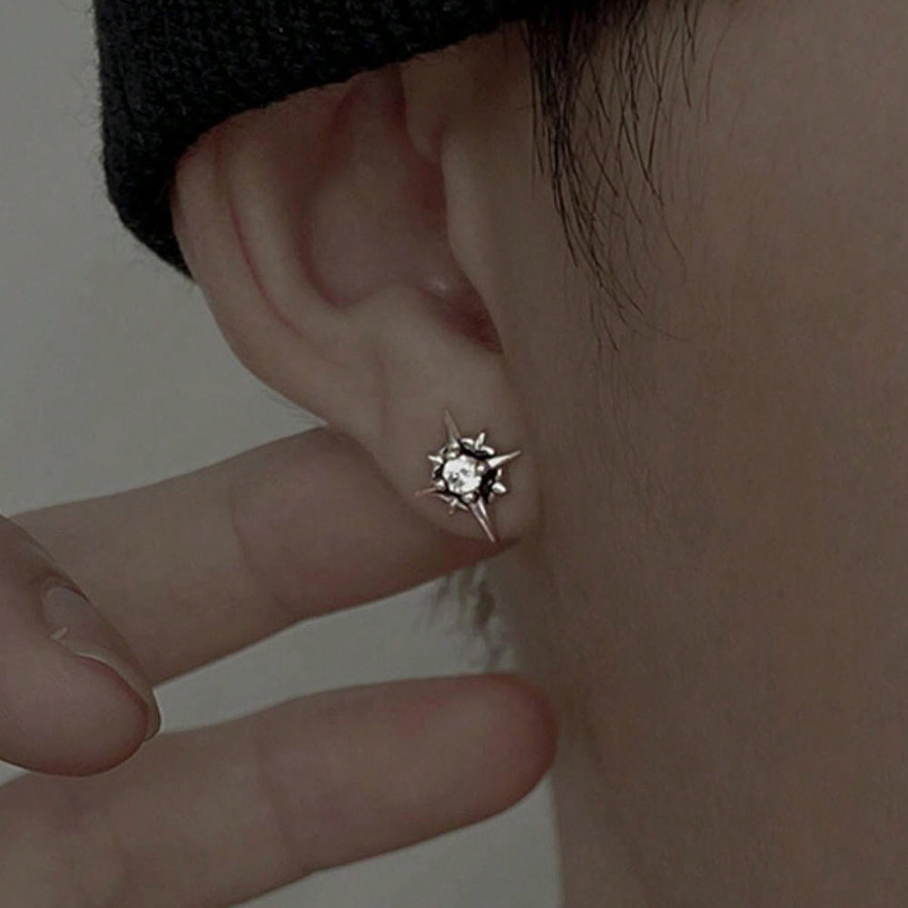 Black CZ Star Stud Earrings Hip Hop Silver Unisex Jewelry