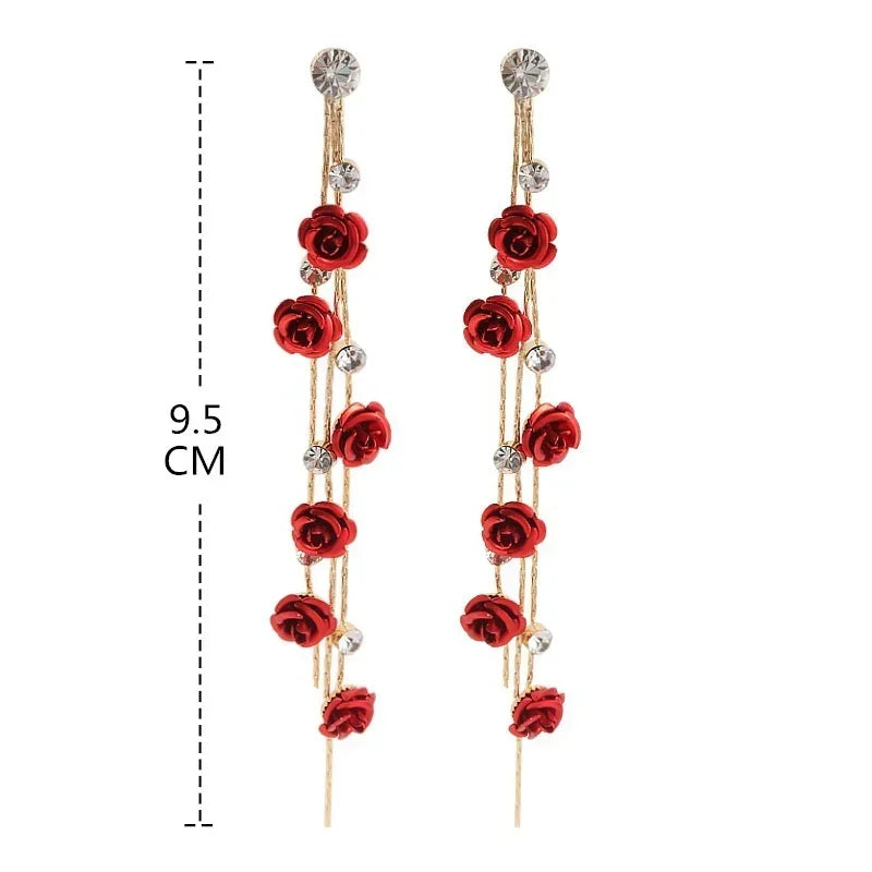 Trendy Rose Tassel Earrings for Women Alloy Rhinestone Eardrops