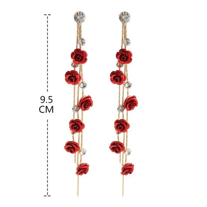 Trendy Rose Tassel Earrings for Women Alloy Rhinestone Eardrops