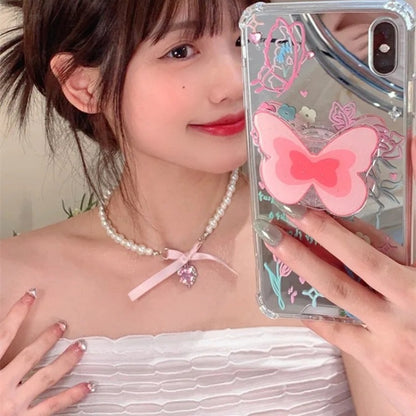 Bow Love Cross Imitation Pearl Pendant Necklace for Women French Romantic Sweet Lolita Clavicle Chain Harajuku Y2K Jewelry Gifts