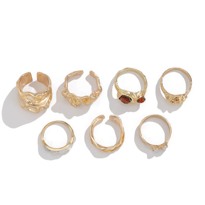 Ingemark 7Pcs/Set Vintage Irregular Folded Surface Open Rings for Women Goth Red Rhinestone Finger Rings Wed Bridal Jewelry Gift