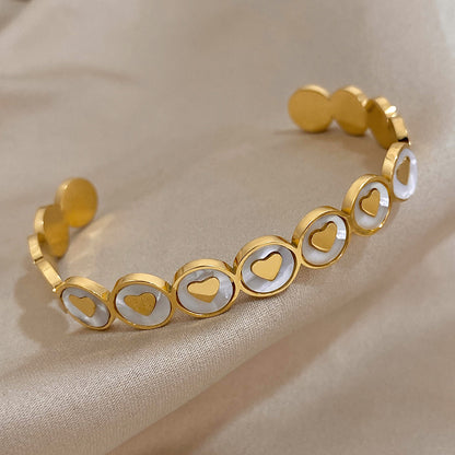 ALLYES White Shell Heart Cuff Bracelet Gold Stainless Steel Jewelry for Women