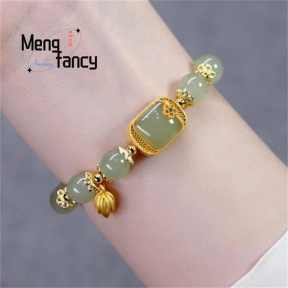 Natural Hetian Jade Square Lotus Bracelet Elegant Retro Chinese Jewelry