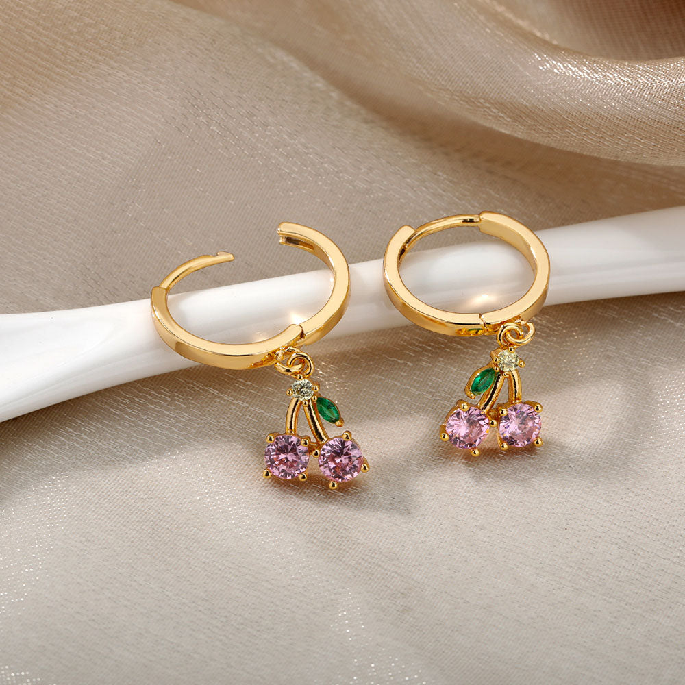 Crystal Fruit Cherry Drop Earrings For Women Stainless Steel Pink Cherry Earring Femme Fairy Fashion Boho Jewerly Gift 2023